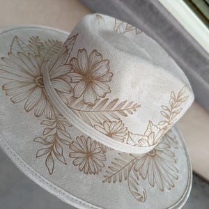 Floral botanical ivory hand burned western cowboy hat boho style