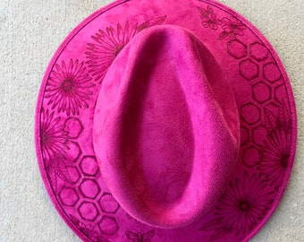 Pink honeycomb bee hat Hand burned cowboy hat lady gambler cowboy hat Ladies western hat Floral wedding hat Wide brim fedora