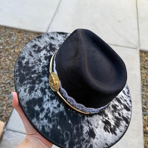 Black peppered cowhide cowgirl burned hat suede hat cowboy hat Ladies western hat Wide brim fedora hippie rancher