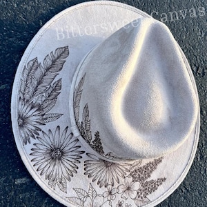 Taupe floral hat Hand burned cowboy hat cowboy hat Ladies western explorer  hat wedding hat Wide brim fedora