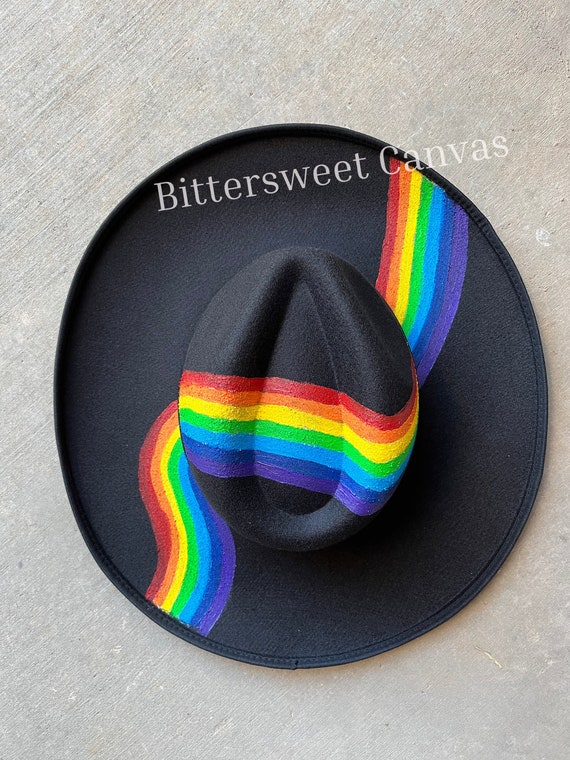 Hand Painted Black Rainbow Rancher Hat – Custom Western Cowgirl