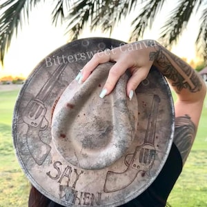 Say when revolver hat taupe distressed hat Hand burned cowboy hat cowboy hat Ladies western explorer  hat wedding hat Wide brim fedora