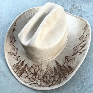 Mountain floral beige hand burned cowboy western hat