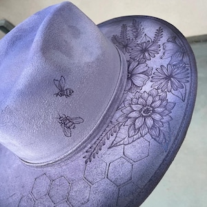 Lavender Rancher Hat with Floral Honeycomb Design – Hand Burned Western Hat, Custom Cowgirl Hat, Boho Rodeo Accessory Hippie Western Cowboy