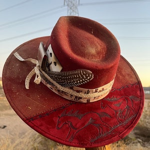 Hand-Burned Maroon Burgundy Horse Rancher Cowboy Hat – Custom Western Design Perfect for Festivals Outdoor Events Everyday Wear