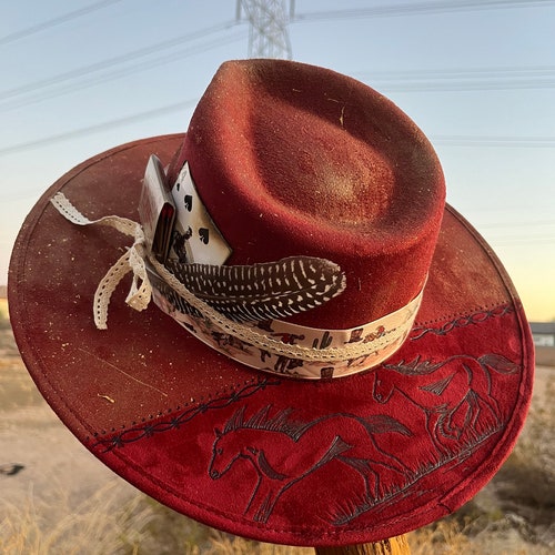 Hand-burned Maroon Burgundy Horse Rancher Cowboy Hat  display picture 1