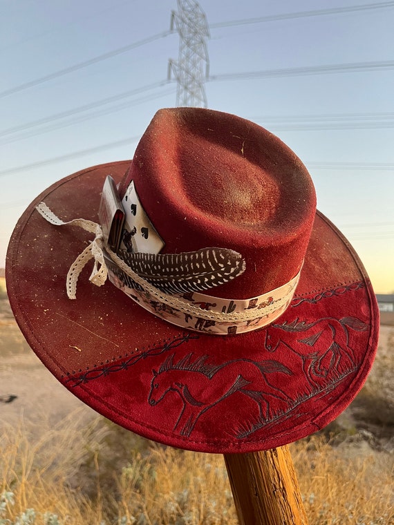 Hand-burned Maroon Burgundy Horse Rancher Cowboy Hat 