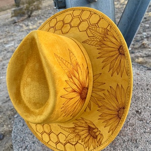 Yellow honeycomb sunflower hat Hand burned cowboy hat cowboy hat Ladies western explorer  hat wedding hat Wide brim fedora