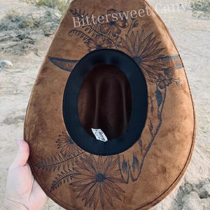Cowboy Hat with Steer Head Design in Tobacco Color – Hand Burned Western Hat, Custom Cowgirl Hat, Rustic Rodeo Accessory, Unique Western Hat