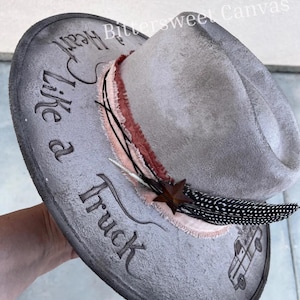 Taupe heart like truck burned hat suede hat flst top cowboy hat Ladies western hat wedding hat Wide brim fedora hippie rancher hat