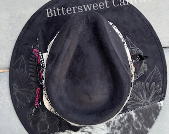 Black Rancher Hat with Cowhide Detail – Western Cowboy Hat, Rustic Rodeo Hat, Custom Handcrafted Western Accessory, Men’s & Women’s Hat