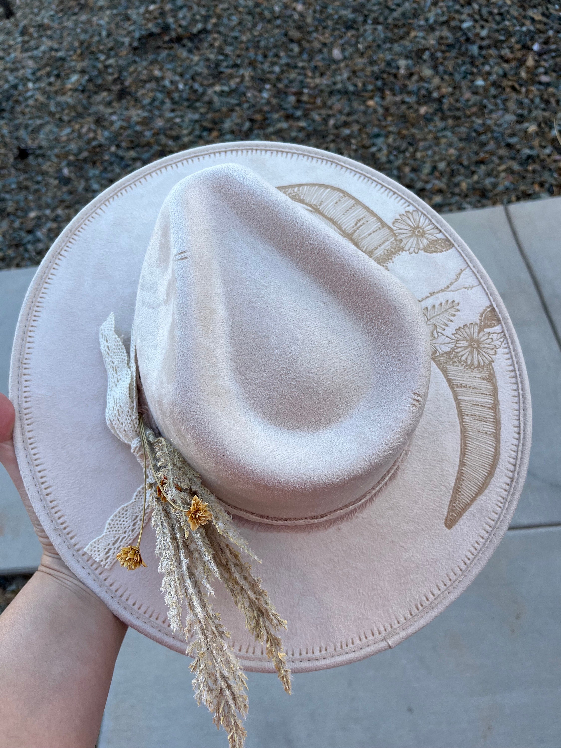 Ivory Steer Head Burned Hat Suede Rancher Hat Ladies Western 