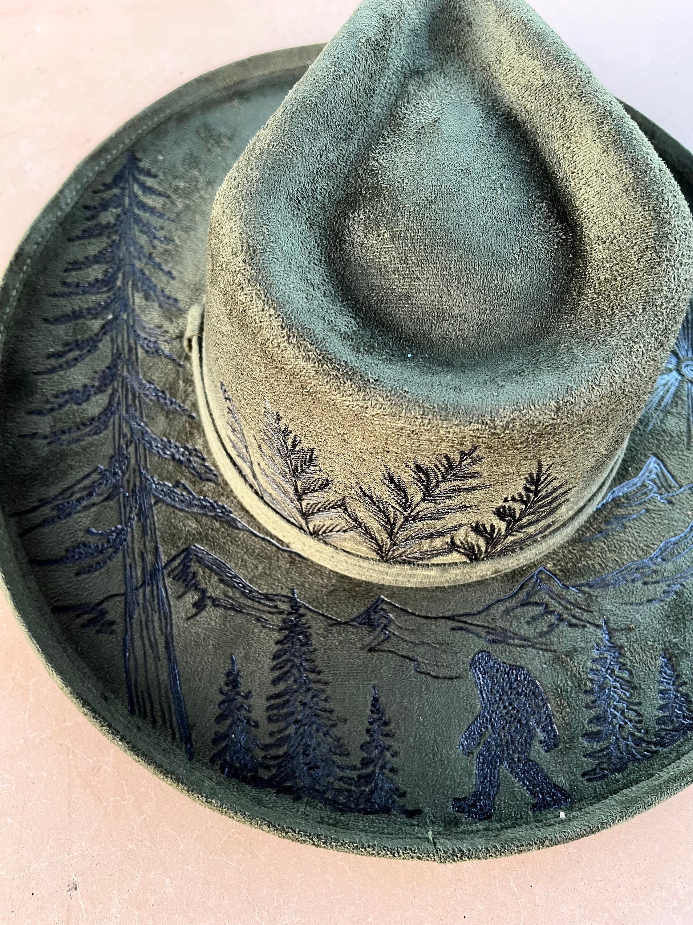 Olive green Bigfoot hand burned rancher style cowboy hat Grey suede hand burned pretty little poison flat brim  main image 2