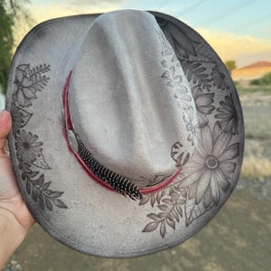 Taupe floral cowhide hat Hand burned cowboy hat cowboy hat Ladies western explorer  hat wedding hat Wide brim fedora