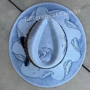 Blue ocean beach  hat Hand burned cowboy hat cowboy hat Ladies western explorer  hat wedding hat Wide brim fedora