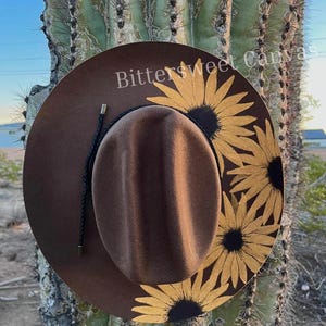 Brown sunflower cowboy hat Hand painted floral cowboy hat cowboy hat Ladies western explorer  hat wedding hat Wide brim fedora