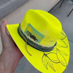 Yellow lemon hat Hand painted straw hat cowboy hat Ladies western explorer  hat wedding hat Wide brim fedora festival hat