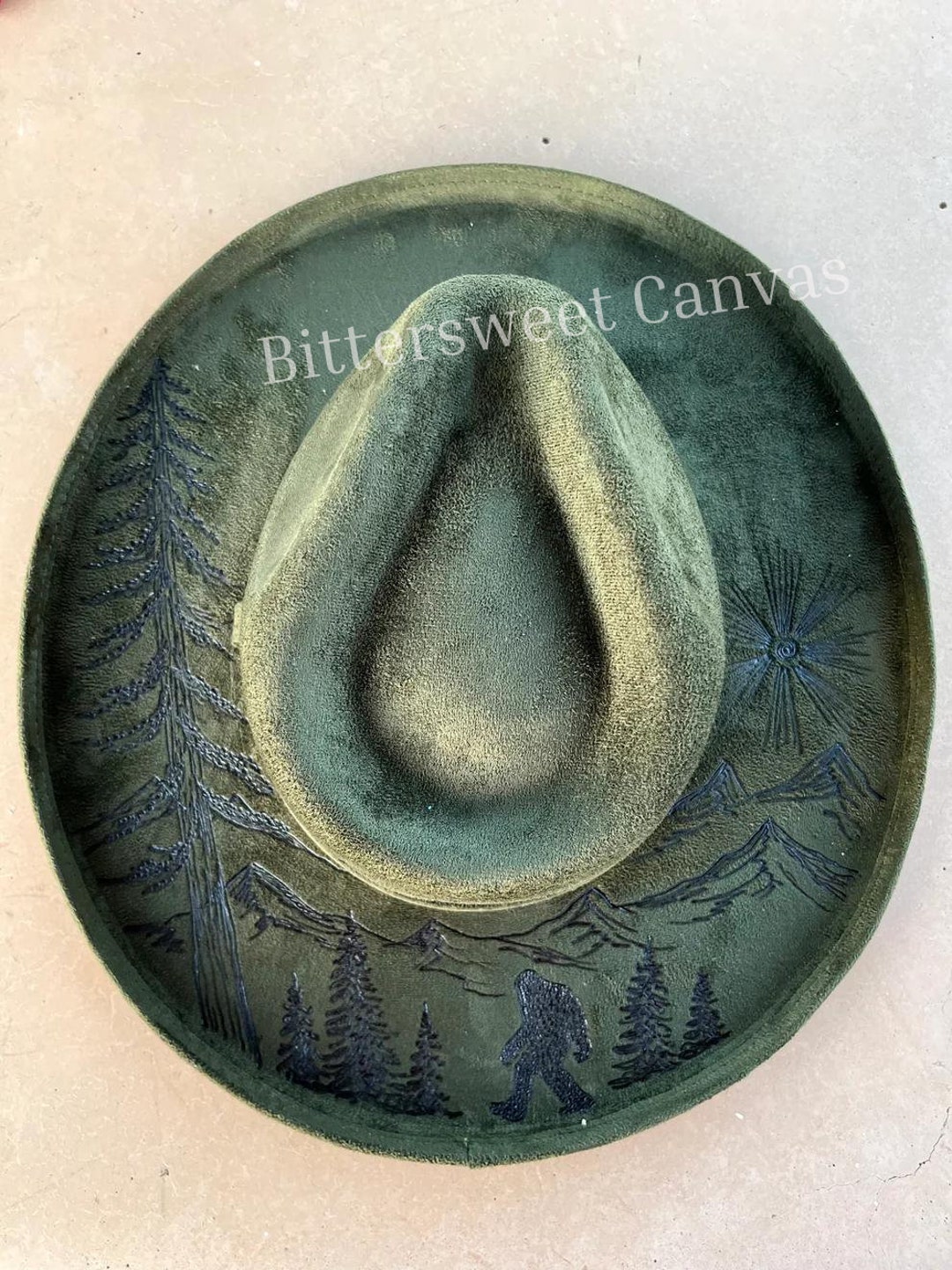 Olive green Bigfoot hand burned rancher style cowboy hat Grey suede hand burned pretty little poison flat brim  main image 3