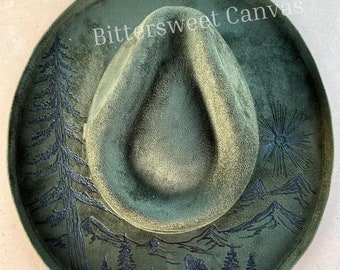 Olive green Bigfoot hand burned rancher style cowboy hat Grey suede hand burned pretty little poison flat brim  main image 4