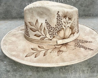 Botanical crown burned Western cowboy hat beige wide brim