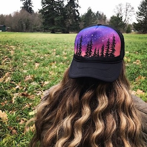 Hand-Painted Purple Tree Trucker Hat - Snapback Hiking Cap