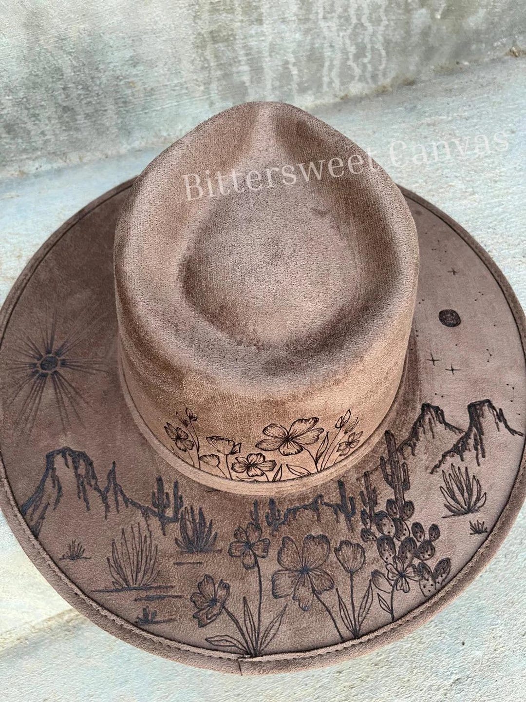 Rustic Desert Hat Desert Brown Burned Hat Suede Hat Flst Top Cowboy Hat Ladies Western ...