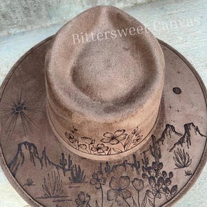 Desert brown burned hat suede hat flst top cowboy hat Ladies western hat wedding hat Wide brim fedora hippie rancher hat