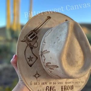 Beige big iron music hat Hand burned cowboy hat cowboy hat Ladies western explorer  hat wedding hat Wide brim fedora