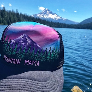 Mountain mama hat / painted SnapBack / custom trucker hat bittersweet canvas