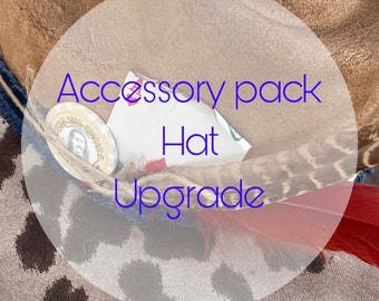 May include: A brown suede hat with a leopard print band and a feather accent. The hat is labeled "Accessory pack Hat Upgrade".