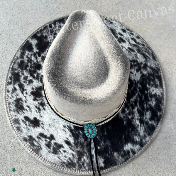 Distressed ivory peppered cow hide burned cowboy hat cowboy hat Ladies western explorer  hat wedding hat Wide brim fedora