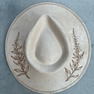 Beige fireweed floral hat Hand burned cowboy hat cowboy hat Ladies western explorer  hat wedding hat Wide brim fedora