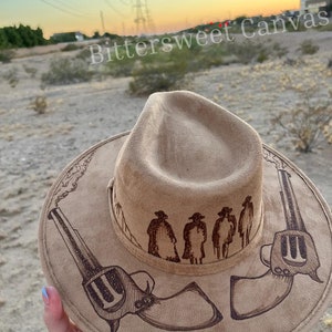 Custom Burned Cowboy Hat - Tombstone Huckleberry design Revolvers & Cowboys vegan suede Western Fedora