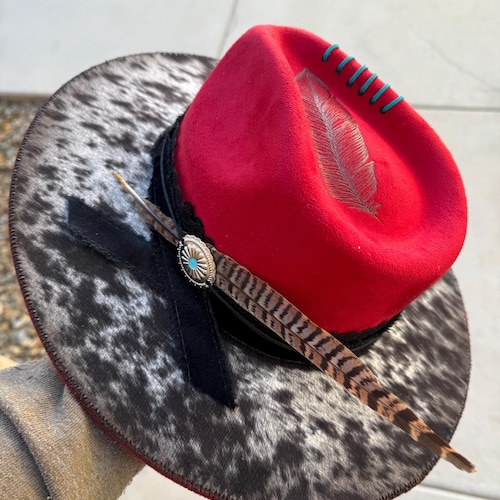 Red cowhide hat suede hat rancher hat Ladies western hat wedding hat Wide brim fedora hippie rancher hat