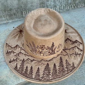 Mountain tree tan burned wildflower hat Flower cowboy hat Ladies western hat Floral wedding hat Wide brim fedora hippie rancher hat