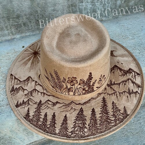 Handcrafted Tan Custom Wood Burned Floral Wide Brim Fedora Boho Western Hat Artisan Hand-burned Wide Brim Fedora Hat With Wildflower  main image 2