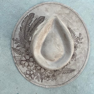 Taupe floral feather hat Hand burned cowboy hat cowboy hat Ladies western explorer  hat wedding hat Wide brim fedora