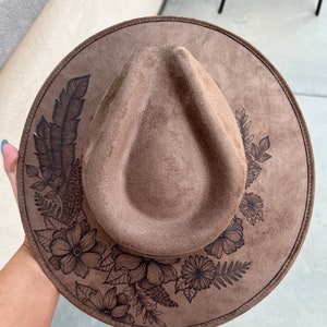 Mocha brown floral rancher hat Hand burned cowboy hat cowboy hat Ladies western explorer  hat wedding hat Wide brim fedora
