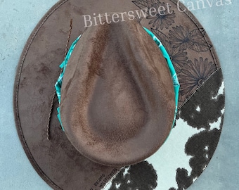 Mocha Brown Suede Cowboy Hat: Burned Design, Wide Brim Fedora