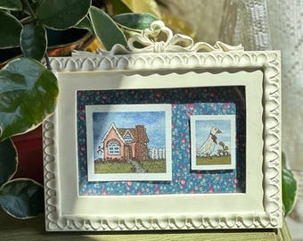 Tiny Cottagecore Original Artwork - Romantic Vintage Watercolor in Ornate Frame