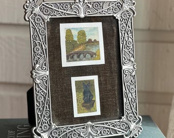 Black Cat by the Garden Path – Countryside Miniature Original Art Duo - Sustainably Framed