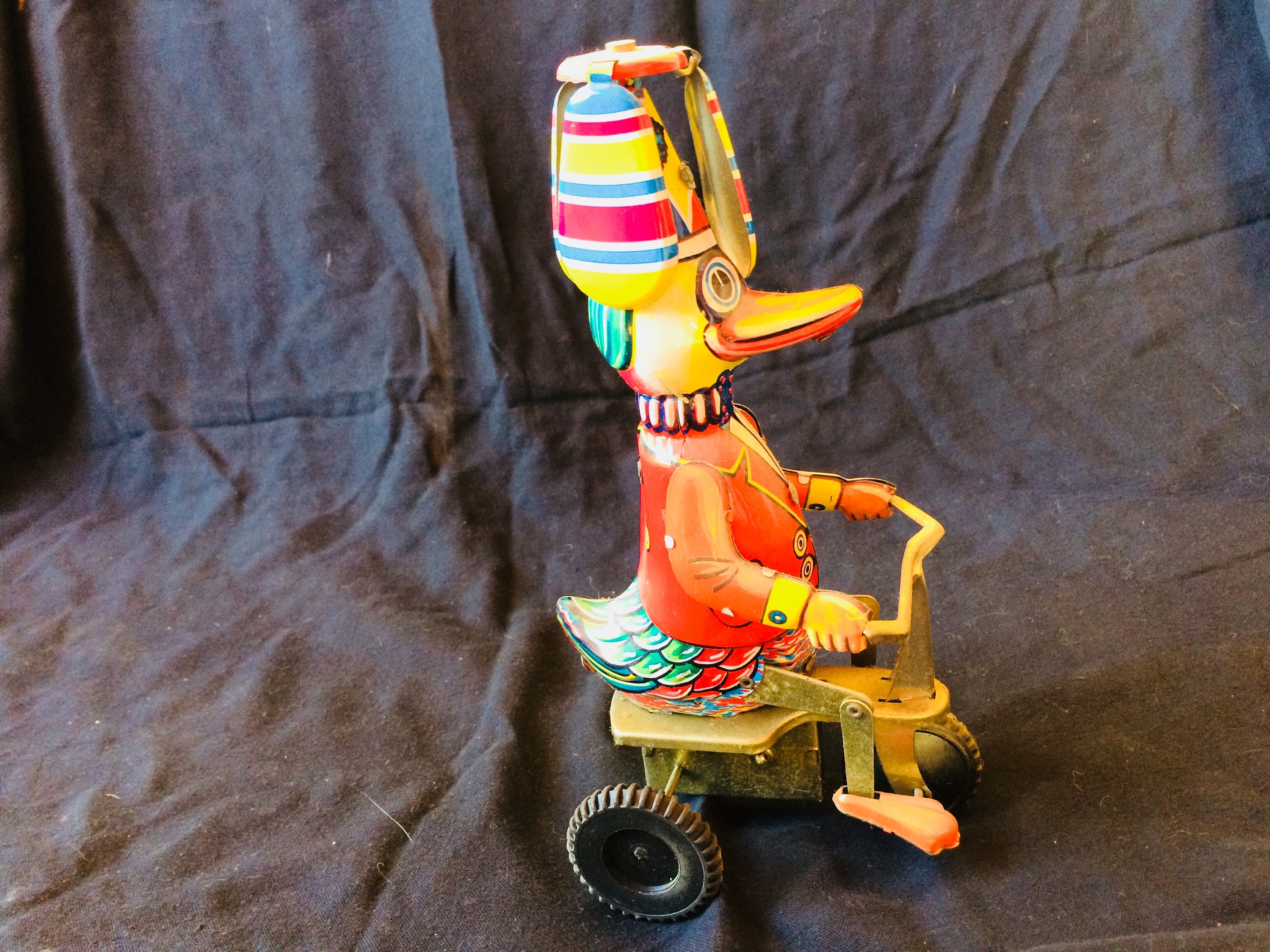 Vintage Tin Toy Duck With Propeller Hat On A Tricycle 1970 Etsy