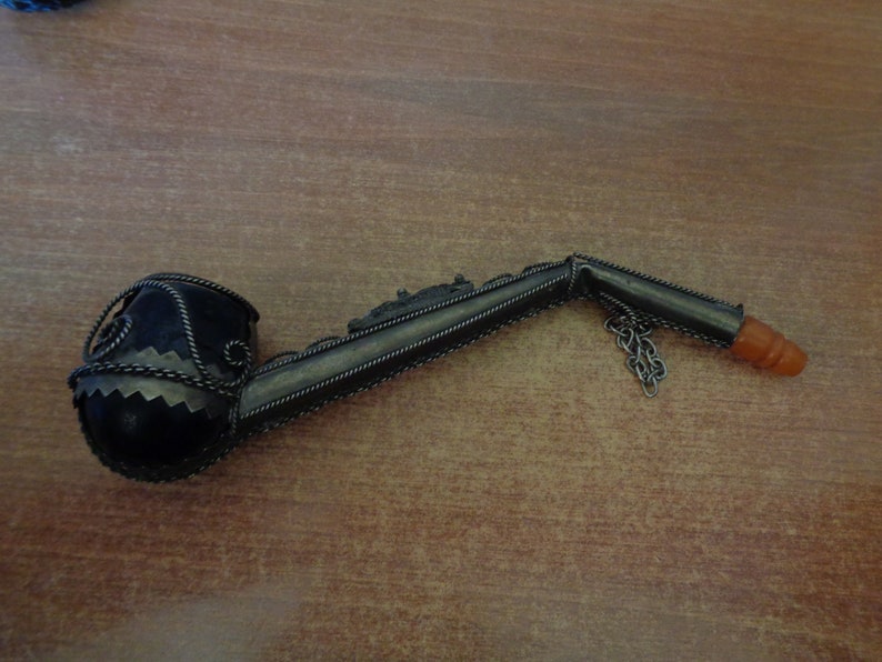 Handmade Pipe Made in Turkey Wood and Metal Pipe 1940 Vintage Oriental Pipe