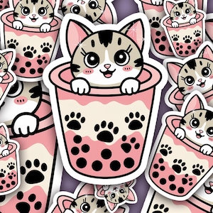 kawaii cat sticker | bubble tea decal | Pink Boba Drink Vinyl Sticker | Pastel Animal Sticker for Water Bottle or Laptop | Cute sticker