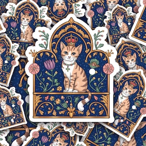 Sticker middeleeuwse kat – vinylsticker koninklijke gekroonde kat – verlichte manuscriptstijl – waterdichte sticker voor laptop, waterfles, planner