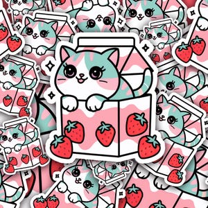 Kawaii Strawberry Milk Cat Sticker | Cute 3x3 Vinyl Decal | Cartoon Feline Illustration | Laptop and Water Bottle Accessory