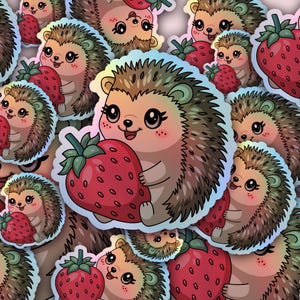 Holografische sticker egel 3&quot;- kawaii sticker aardbei-egel - waterdichte vinylsticker voor laptop, waterfles en geschenken - Chibi
