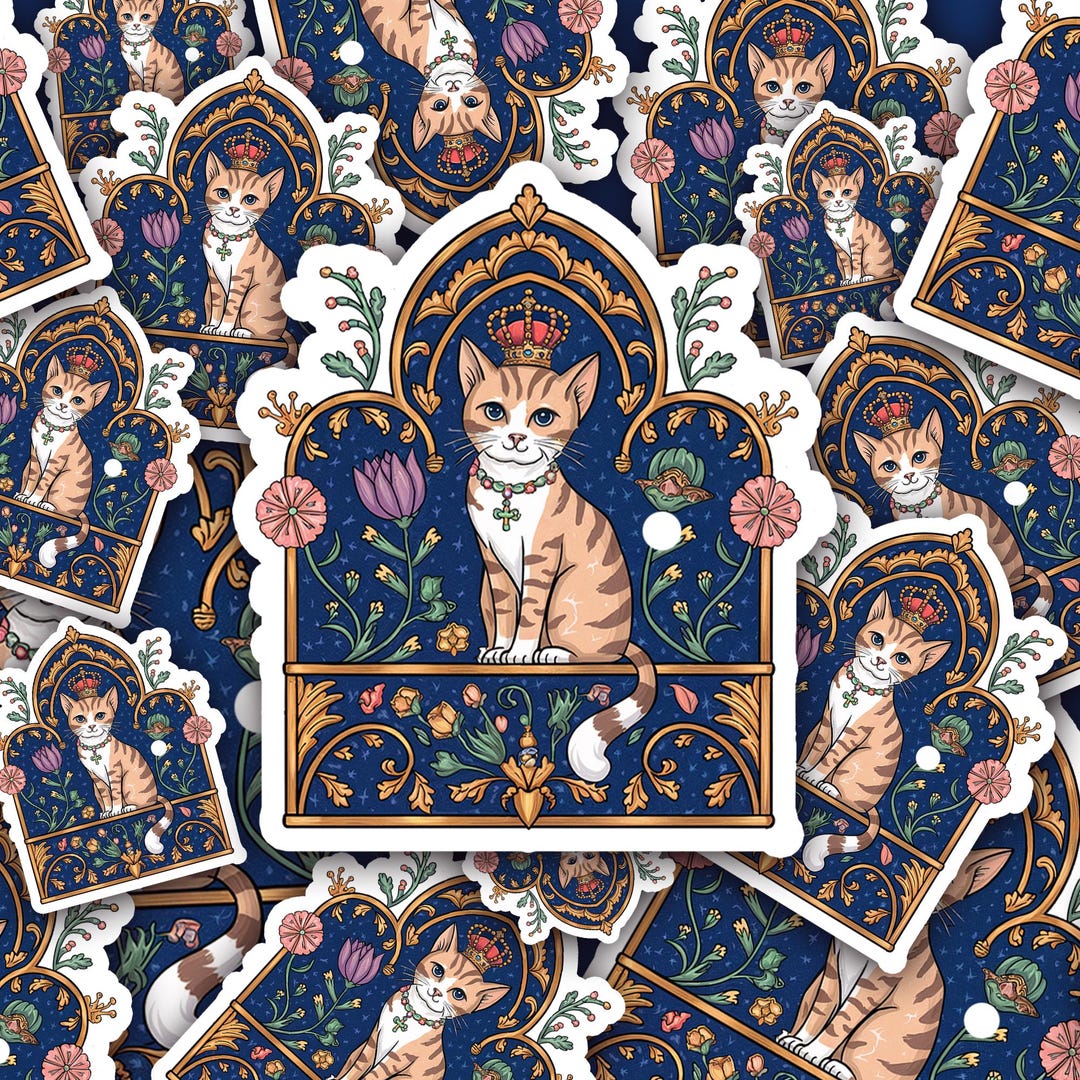 Medieval Cat Sticker – Regal Crowned Cat Vinyl Decal – Illuminated ...