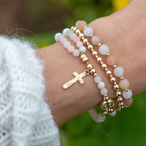 Matte Pink Aventurine STACK - Gemstone Full Rosary Bracelet - 14K Gold Filled Beads