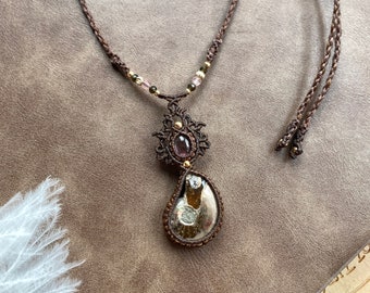 N634 Tourmaline and ammonite Macrame Necklace, Bohemian jewelry, Handcrafted jewelry. Unique design, Goddess jewelry, healing jewelry